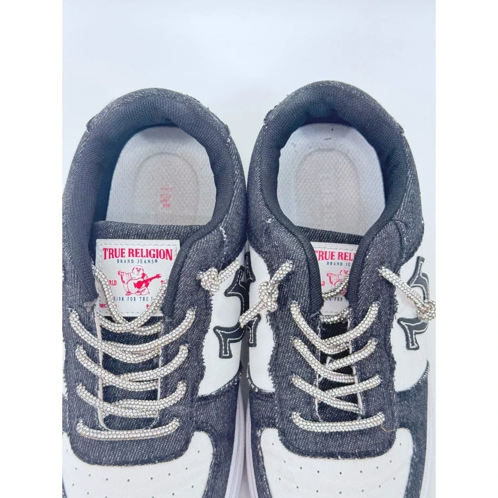 True Religion Sneakers Kids Size 9 Black White Denim Rhinestone Casual Shoes